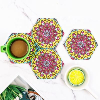 China Custom Made Print Mandala Hexagon Shape Colorful Printable OEM/ODM Tea Kitchen Table Coffee Cup Mats And Place Mats Tile Ceramic Coasters Set for sale