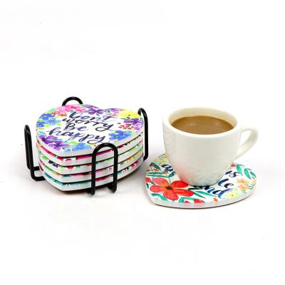 China Modern 3d modern oem tea coffee beer viable custom round printing unique ceramic heart shape coasters cup mats&pads set with stand for sale