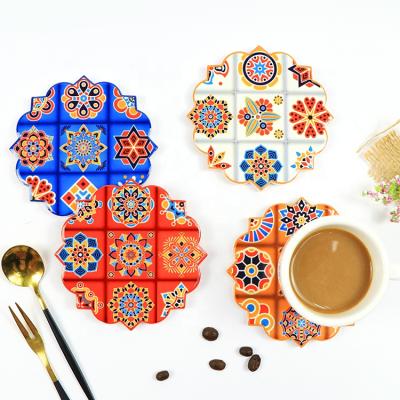 China OEM Amazon Sublimation Sublimation Tea Coffee Beer Mug Coasters UV Printing Ceramic Mug Mats & Mugs Viable Hot Sale Mandala UV Printing Ceramic Mats & Pads Set With Cork Base for sale