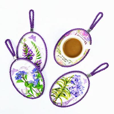 China Durable Custom Printing Rope Hanging Ceramic Tile Coaster Mug Mats And Pads For Drinks Tea Coffee Beer Cocktail Set With Stand for sale