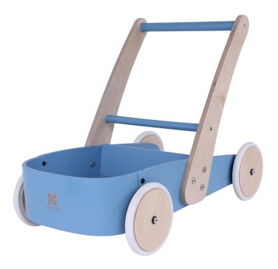 China Eco-friendly Wooden Learning Walker For Baby Dolls Kids Pram Wooden Blue Classic Bend Wooden Walker for sale