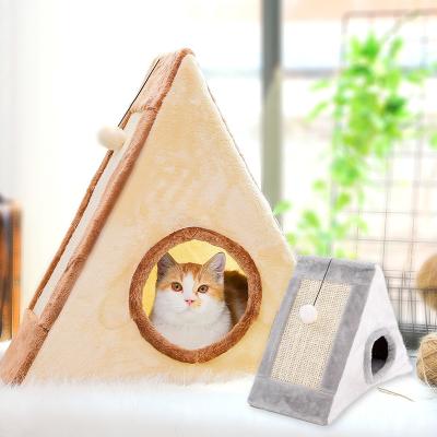 China Removable Cover Collapsible Comfort Lining Board Triangle Pet Bed House Felt Cat Tent Cave With Dangling Pompoms for sale