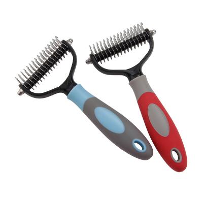 China Durable Pet Hair Removeable Tool Dog Rake Deshedding Dematting Brush Cleaning Comb Dual Sided for sale