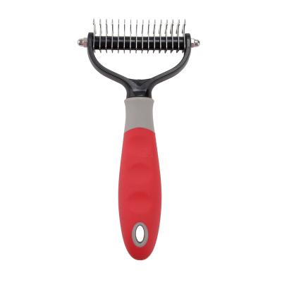 China Viable Pet Tangle Removing Grooming Tool Dematting Comb 2 Sided Undercoat Rake For Cats And Dogs for sale