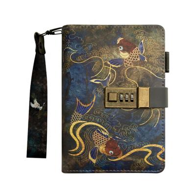 China Hardcover Personalized Beautiful Chinese Classical A6 Lock Portable Diary Notebook With Pen Holder for sale