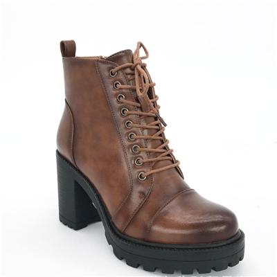 China PU Round Toe Stacked Lug Heel Lace Up Ankle Booties Military Combat Tactical Boots for sale