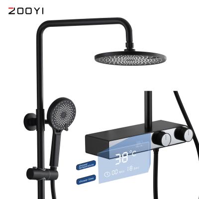 China ZOOYI Faucets New Design Shower Set Digital Metered Matte Black Shower Mixer With Shelf Function for sale