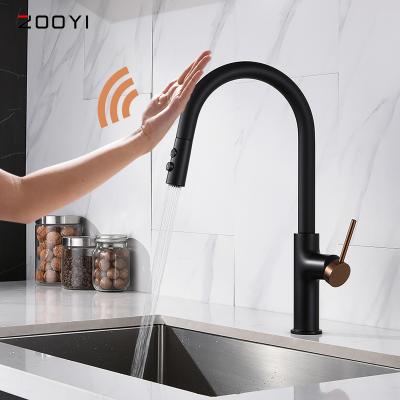 China ZOOYI Sense Faucets Manufacturing ISO Certified Sense Black Touch Sensor Smart Kitchen Faucets With Pull Down Sprayer for sale