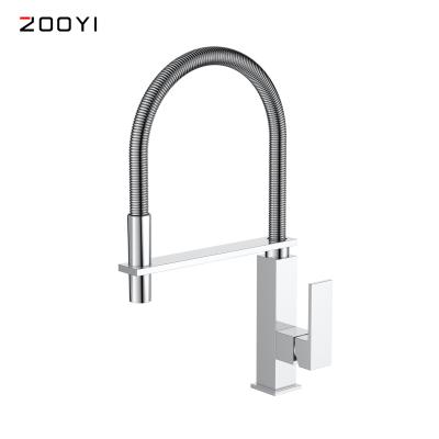 China Electric Designer Faucets ZOOYI New Single Handle Square Hose Chrome Plated Brass Spring Pull Down Sink Mixer Kitchen Faucet for sale