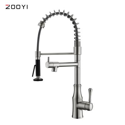 China ZOOYI Faucets Electric Double Spout Kitchen Faucets 360 Degree Rotation Spring Pull Down Sprayer Mixer Taps Pull Down Kitchen Sink Faucet for sale