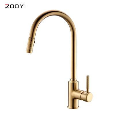 China Chinese Electric Faucets ZOOYI Factory Copper Brushed Gold Kitchen Faucets Pull Down Sprayer for sale