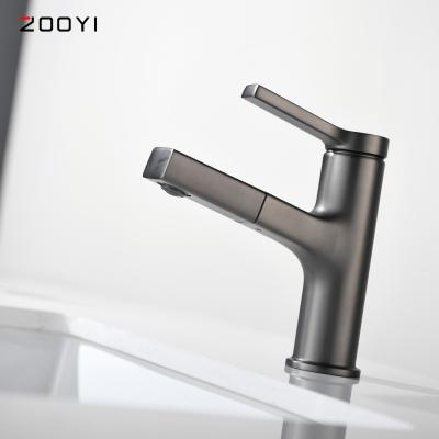 China ZOOYI Faucets Modern Metered Single Hole Bathroom Sink Faucet Brushed Gray Water Tap Pull Out Basin Mixer With Sprayer for sale