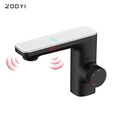 China ZOOYI Faucets Peak Infrared Smart Basin Sink Faucet Digital Display Metered Automatic Touchless Dual Basin Faucet for sale