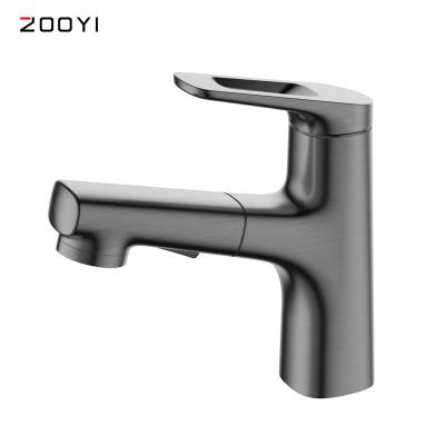 China Factory Price Metered Faucets ZOOYI Modern Deck Mounted Basin Wash Brushed Gun-Grey Pull Out Bathroom Faucet for sale