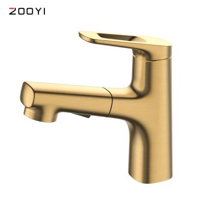 China Metered Faucets ZOOYI New Arrive Modern Single Handle One Hole Bathroom Sinks Wash Brushed Gold Pull Out Basin Faucet for sale