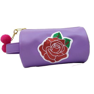 China New High Quality PU Handbag Embroidered Flower Cylinder Bag Cosmetic Travel Clutch Storage Bag Customization for sale