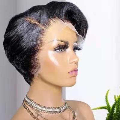 China Hot Selling 2021 Short Side 13x1 Lace Headband Wig Pixie Cut Human Wig Transparent Lace Piece Hair Wig 2021 Short Straight T Piece Lead Hair For Black Women for sale