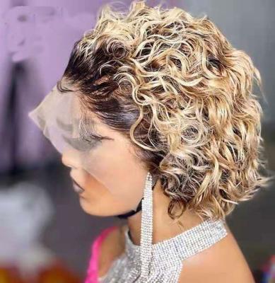 China Jerry Curl Honey Blonde Human Hair Short Bob Lace Front Wigs 13x4 Pre Plucked Pixie Cut Wig Bleached Knots Colorful for sale