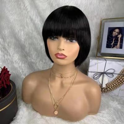 China Machine Made Straight Short Short Bob Wig With Bangs Lead Straight Hair Wig Machine Made Color Natural Remy Human Brazilian Hair For Women for sale