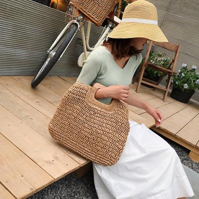 China High Quality Hot Sale High Quality Straw Woven Casual Tote Bag Women Weave Bags Wooden Handle Ladies Handbags for sale