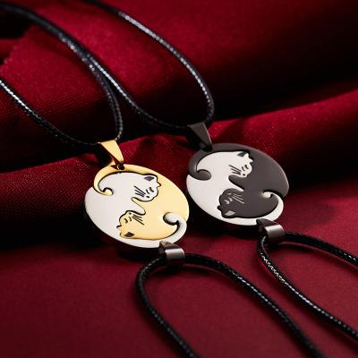 China New Fashionable Black and White Cat Heart Pendant Necklace For Women Stainless Steel Ladies Jewelry for sale