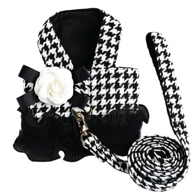 China Sustainable Luxury Pet Harness Leash Set Classic Houndstooth Dog Harness Set with Flower Bowknot for sale