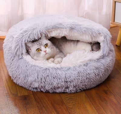 China Sustainable Best Selling Round Soft Plush Burrowing Donut Hooded Cat Bed Cave for Indoor Cats or Small Dogs for sale