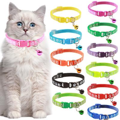 China Sustainable Factory Wholesale Multi-Color Cat Collar with Bell Paw Print Neck Adjustable Nylon Pet Collar for sale