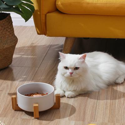 China Sustainable Pet Food Water Bowl for Dog and Cat Ceramic Pet Bowl with Wood Stand Non-Slip Multi-color Pet Bowls for sale