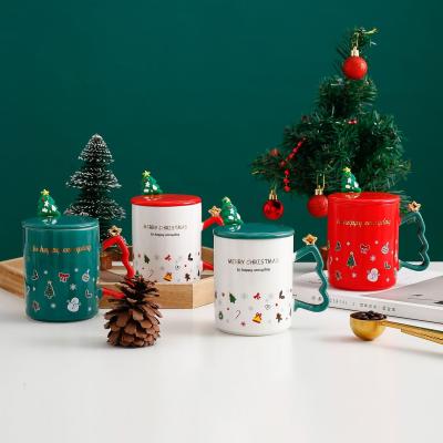 China Viable Handmade Ceramic Christmas Tree Cartoon Coffee Mugs New Bone China Christmas Tea Cup Mug Tea Cup With Lid And Spoon for sale