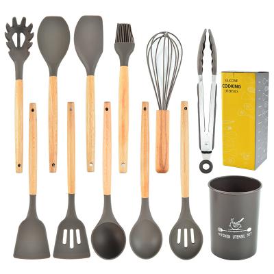 China 12 Pcs Non-Toxic Sustainable Cooking Tools Kitchenware Cocina Spatula Silicone Cooking Utensils Set With Wooden Handles for sale