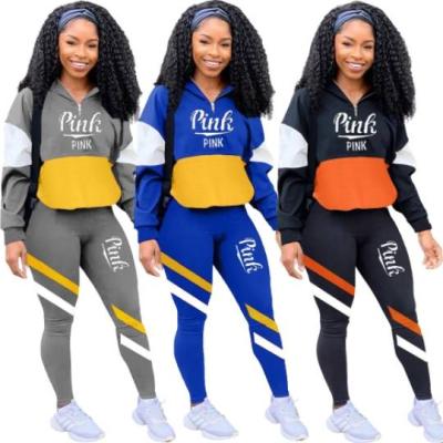 China QUICK DRY QUICK DRY Fall&winter Pink 2 Piece Tracksuit Letter Patchwork Printed 2 Piece Set Top& Collar High Track Pants Long Sports Set for sale