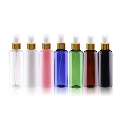 China 100ml Cosmetic Empty Makeup Setting Plastic Spray Pump Bottle With Gold Aluminum Collar 100cc Perfume PET Cosmetic Bottle Container for sale