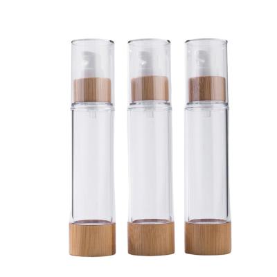 China 50ml eco-friendly bamboo airless pump bottle with serum pump cap logo engraving natural bamboo cosmetic packaging material for sale