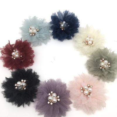 China Garment/shoes/handbag/hair/as you love 2021 hot sale fashion rhinestone pearl crystal flower DIY chic chiffon fabric flower clothing decoration hair accessories for sale