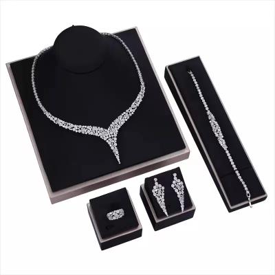 China New CLASSIC Luxury Zircon Micro Pave Necklace Earrings Bracelet Set Four-Piece Women Weeding Jewelry Set for sale