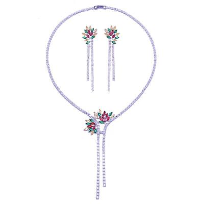 China Best Selling CLASSIC Flower Tassel Necklace Earrings Zircon Ladies Jewelry SetColored Online Two Piece SetColored for sale