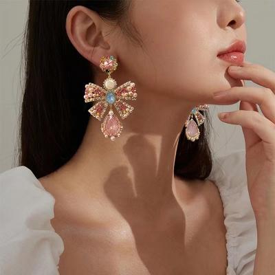 China CLASSIC New Vintage Elegant Luxury Pink Rhinestone Bowknot Drop Earrings For Women Shape Waterdrop Crystal Jewelry for sale