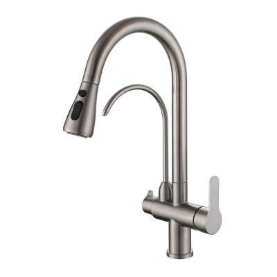 China Pull Out Spray 304 Stainless Steel Double Handle Pull Out Hot And Cold Mixer Water Filter Kitchen Sink Faucet Faucet With Stainless Steel Sprayer for sale