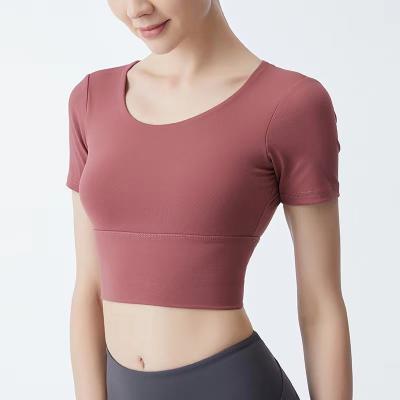 China Breathable new style with beautiful back chest protection T-shirt women's short-sleeved yoga clothes stretch thin sports top women's fitness cloth for sale