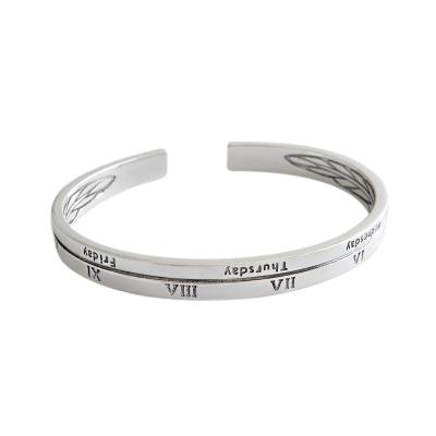 China Fashion S925 Sterling Silver English Roman Numeral Bracelet Bangle Retro Features Open Cuff Silver Bangle for sale