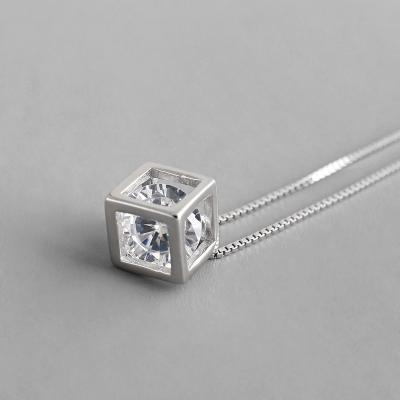 China Fashion Cute 925 Sterling Silver Elegant Cubic Zirconia Rubik's Cube Diamond Shape Pendant Necklace For Wedding for sale