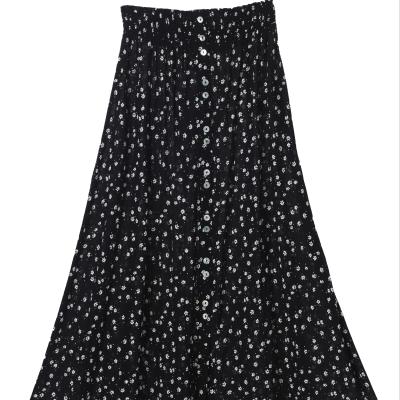 China Fashion 100% breathable viscous crepe elastic waist and front placket with pearl button printed women's skirt for casual for sale