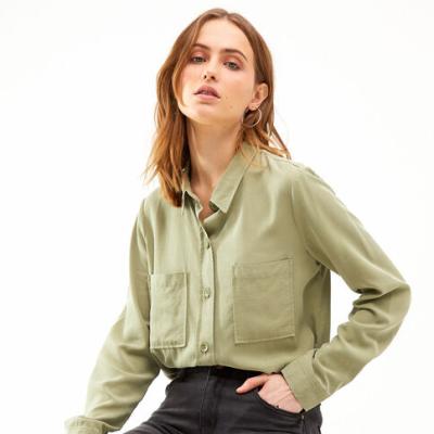 China QUICK DRY Dye Shirt-Collar Garment 100% Lyocell Fashion Front Placket With Bottom Two Pockets Solid Woman's Shirt for sale