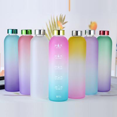 China Sustainable Motivation High Borosilicate 1L Frosted Glass Water Bottle With Time Marker For Yoga for sale