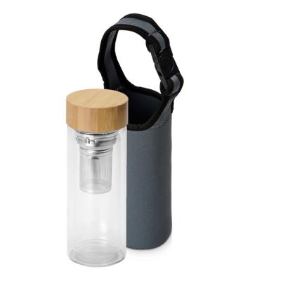 China Sustainable Glass Water Bottle 450ml With Tea Infuser Tumbler Lid Black Bamboo Handbag Straight for sale