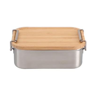 China Custom Buckle Microwavable Stainless Steel Food Bowl Food Container Wooden Bamboo Lid for sale