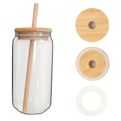 China Stocked Custom Logo 16oz Clear Tumblers With Lid And Straw Beer Can Shaped Glass Bamboo Mug for sale