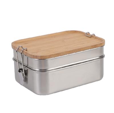 China 2021 Custom Lid Lunch Box Stainless Steel Metal Box Food Grade Microwavable Bamboo Tin Box Food Grade Bamboo Box for sale