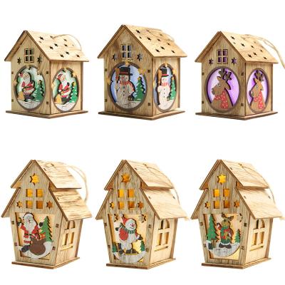 China 9 Styles DIY Christmas Tree Decoration Hanging Wooden House LED Lantern Ornament for sale